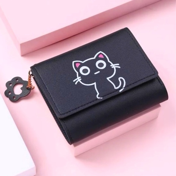 😻Black Trifold Cat Wallet w/Snap Closure - Picture 1 of 5